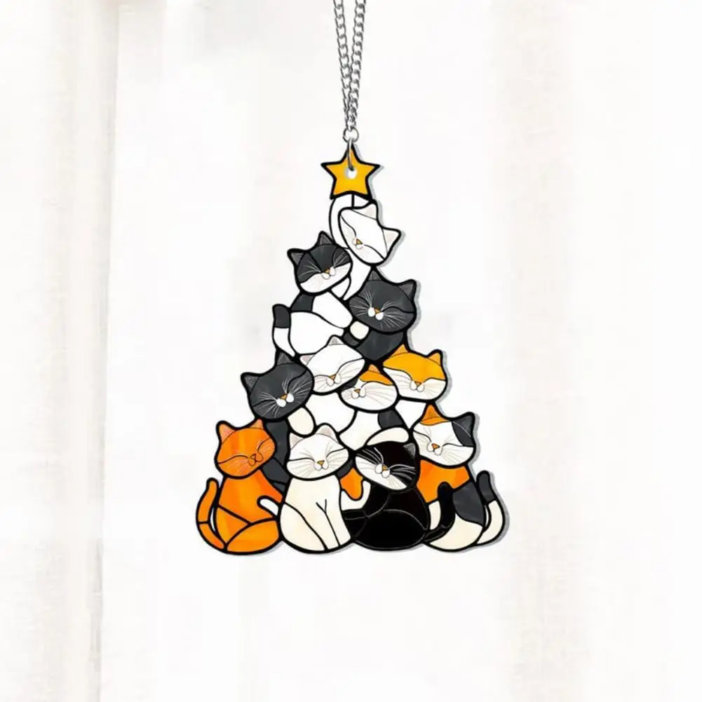 Cat Christmas Tree Suncatcher Acrylic Stacked Kittens Hanging Ornament Colorful Cat Sun Catcher Xmas Tree Hanging Ornament