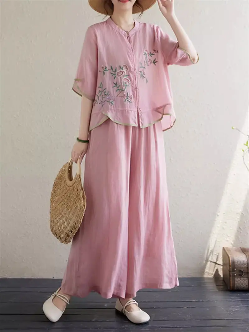 2024 Summer Retro New Chinese Linen Set Women 2 Pieces Embroidered Stand Neck Zen Button Shirt Wide Leg Pants Outfits K1343