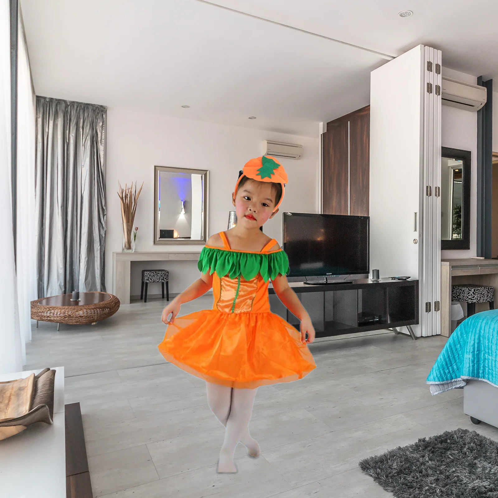 

Pumpkin Hairb Dress Set L Size Green Leaf Halloween Costume Props Party Halloween Hairb Supplies Decorative Outfit