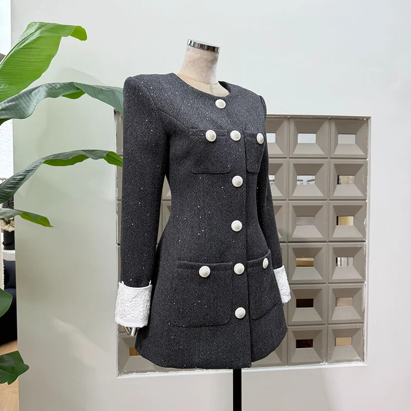 فساتين تنحيف بأزرار مقسمة بمزاج KBQ للنساء برقبة دائرية وطويلة بدون أكمام فستان أنيق للسيدات على طراز الشتاء #3