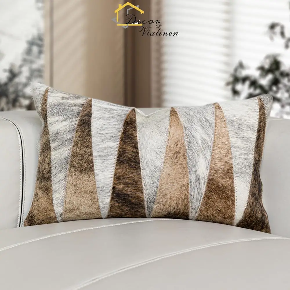 Modern luxury sofa pillow new model room hotel gray brown V-shaped splicing cowhide cushion Italian style waist pillow