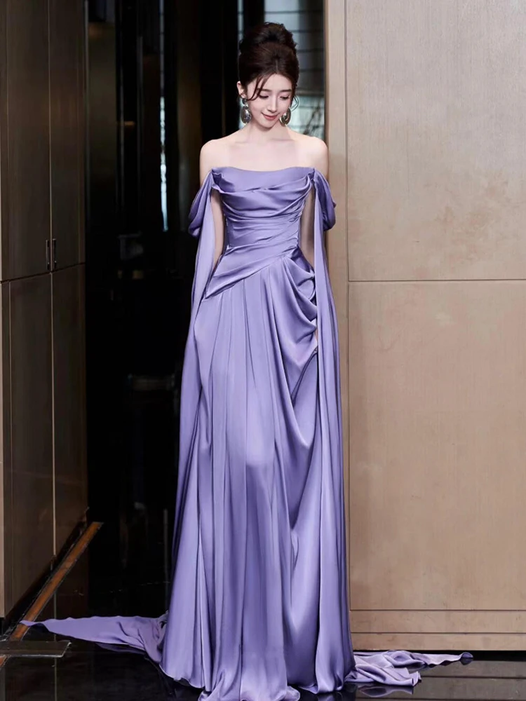 

Ele Purple Satin One oulder Wedding Dr for Bride Par Banquet Performance Long Tail Drag Floor Length Evening Gown