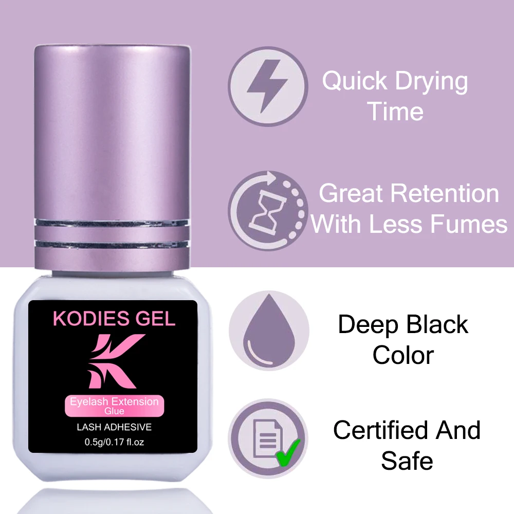 KODIES GEL 5 PCS Eyelash Extension Glue Supplies 0.5 Sec Dry Black Long Retention Strong Hold Lash Adhesive Glue Private Labels