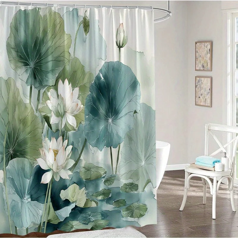 Watercolor Green Lotus Shower Curtain, White Background Large Leaf White Bloom Bud Print Waterproof Bath Curtain for Zen Minimal