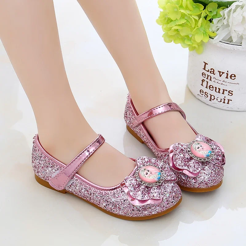 Zapatos de cuero con purpurina para niñas, sandalias informales con lazo de mariposa y cristal, princesa Elsa y Anna de Frozen