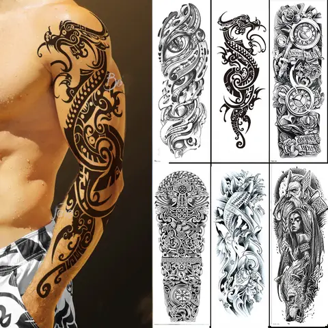 Tattoo Sticker Voor Mannen Vrouwen Tribal Totem Full Arm Tattoo Nep Tijdelijke Tatoeages Mouw Wolf Skull Tatoo Temporari Waterdicht