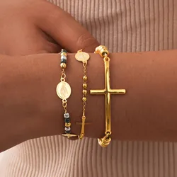 Beads Chain Virgin Mary Bracelet For Women, Stainles Steel Rosary Cross Bracelets, Gold Plated Faith Jewelry Gift