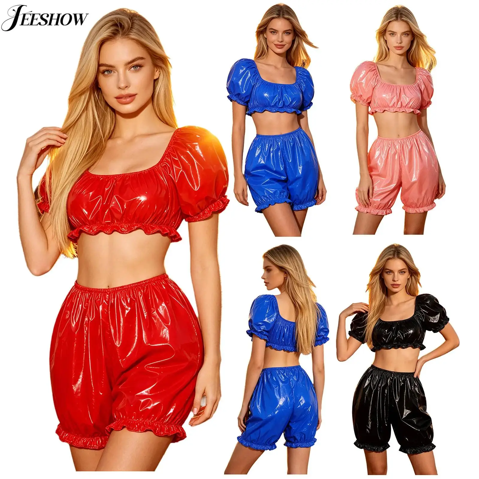 Womens Waterproof Pajamas Sets Ruffled Square Neck Short Puff Sleeve Crop Top with Bloomers Shorts 2 Piece Sleepwear Loungewear