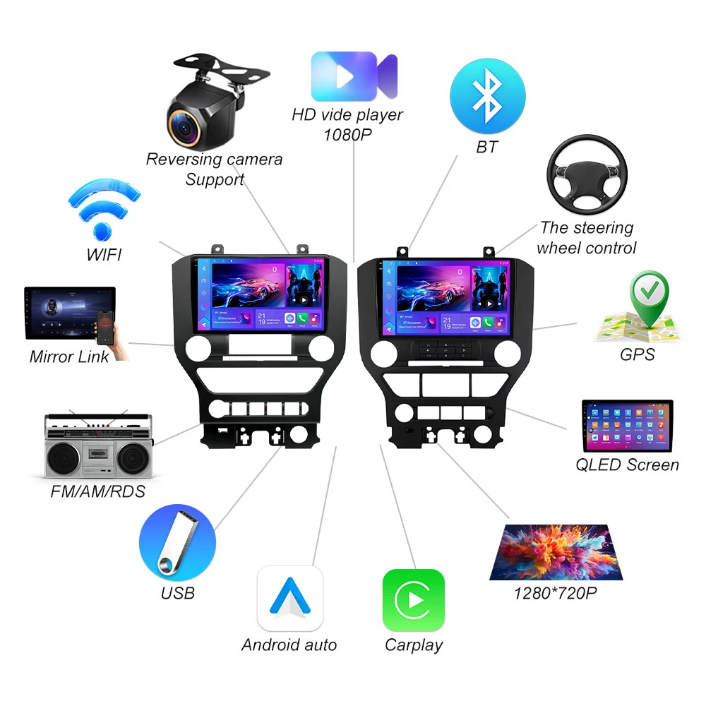 أندرويد 15 لفورد موستانج 6 VI S550 2014 2015 2016 2017 - 2021 الملاحة مشغل وسائط متعددة 2 din شاشة تعمل باللمس واي فاي بلوتوث