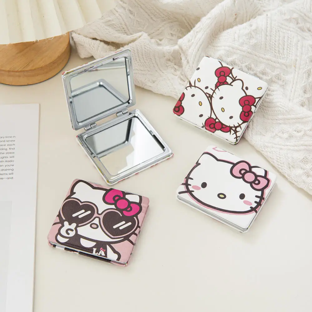 سانريو مرحبا كيتي الكرتون مربع المرايا لطيف الكرتون كيتي القط على الوجهين مرآة صغيرة باليد مرآة التجميل المحمولة