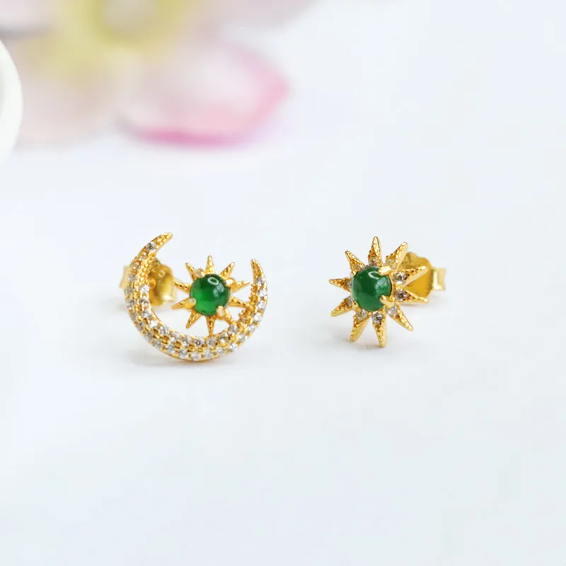 

Vintage S925 Silver Natural Jade Star-Moon Ear Hooks, Chinese Ethnic Style Hoop Jewelry for Women