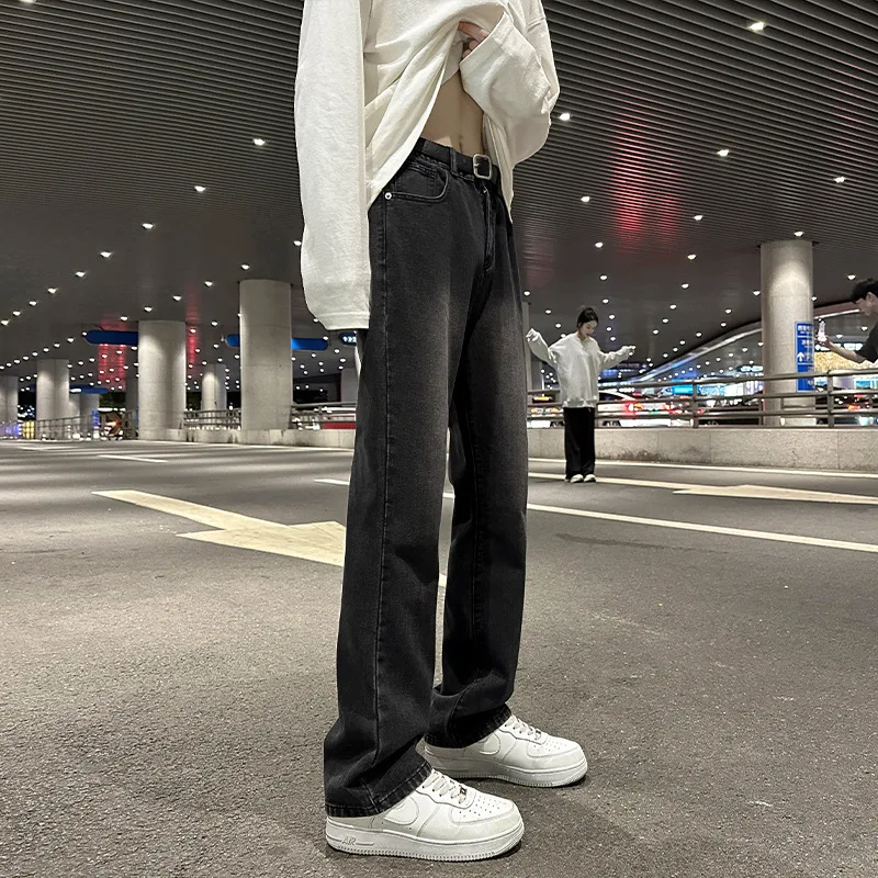 Autumn Winter Fleece Lined Flare Jeans Men's Slim Straight High Street Casual Denim Pants