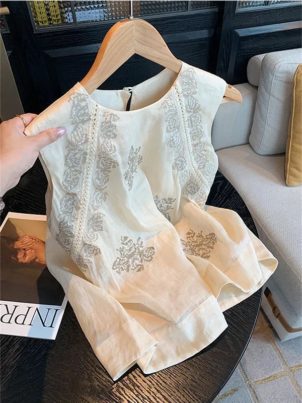

Свободный льняной жилет с вышивкой и круглым вырезом без рукавов для женщин, лето 2026, новый стиль, универсальный повседневный свободный топ