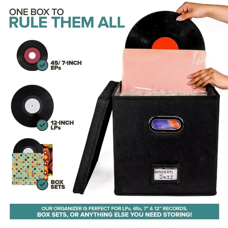 A Sturdy,Foldable,Lidded -linen Storage Box,Featuring a Covered LP Storage Organizer,a Decorative Record Transport Box