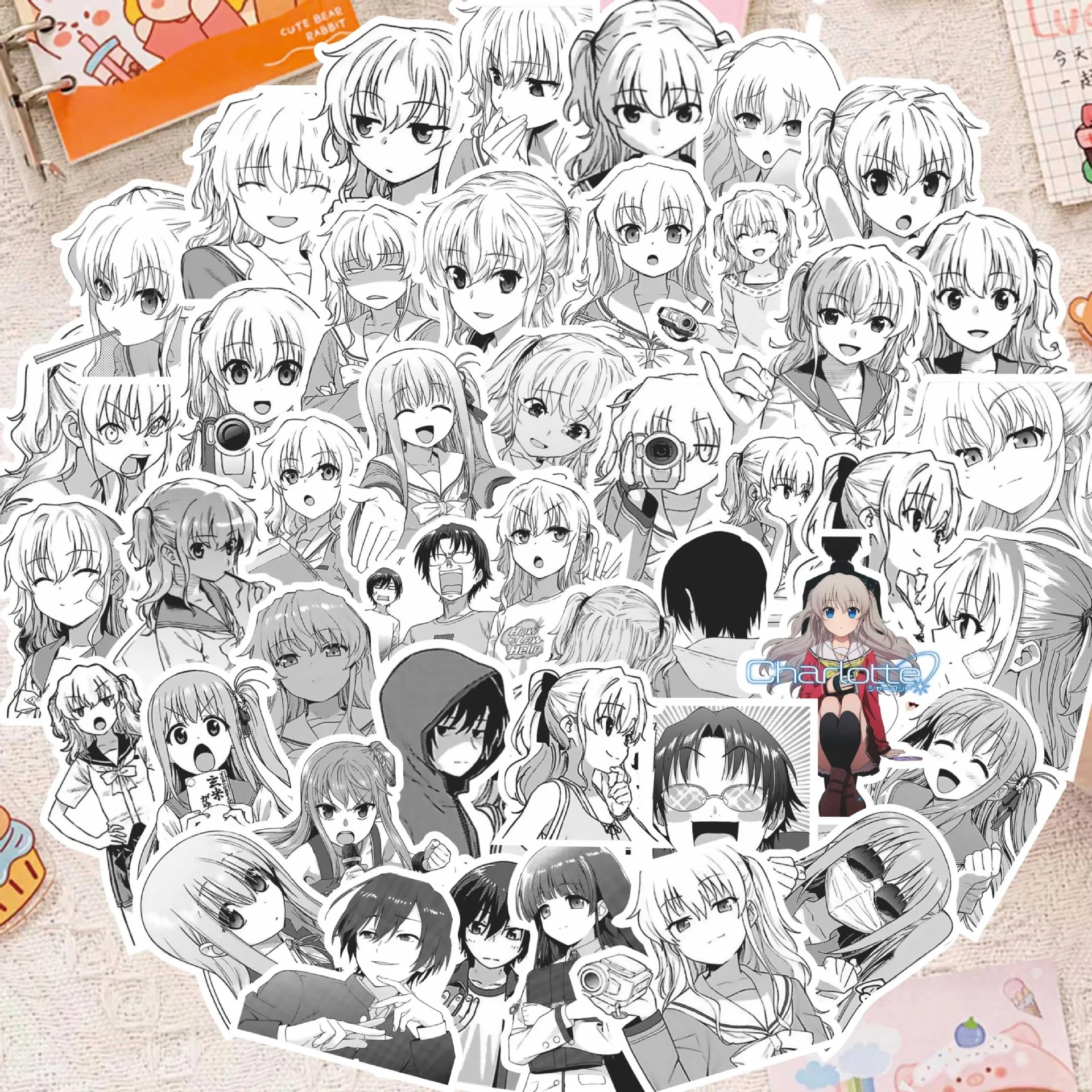 80 Uds Charlotte Comic blanco y negro Forum Linao Otsuka Yuyu pegatina decorativa impermeable para cuenta de mano