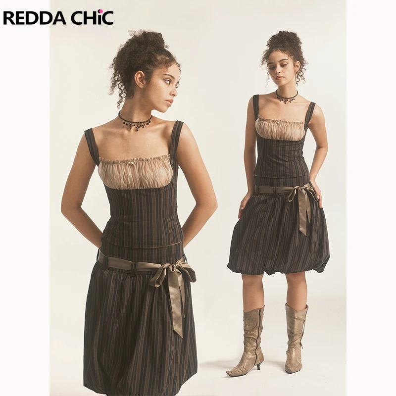 

ReddaChic Полосатый топ с низкой талией Цветочная юбка Комплект из двух предметов Y2K Жилет в форме сердца Юбка с цветочным бутоном Лента Бант Романтическая вечеринка по свиданию
