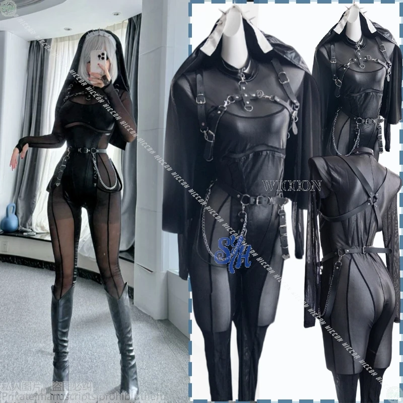 

Anime Punk Halloween Jirai Kei Girls Cosplay Hollow Out Vintage Halter Bandage Bodysuits Jumpsuits Sexy PU Nurse Sister Uniform