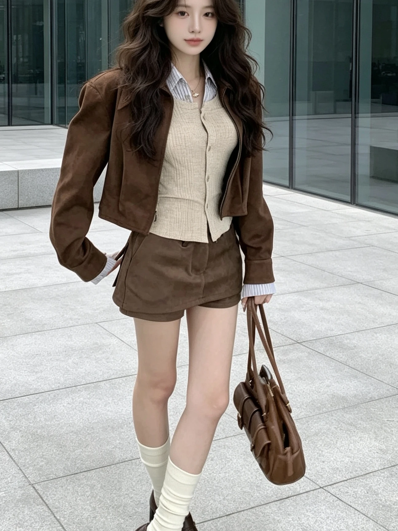 Caramel A-Line  Skirt Women's Slimming High Waist Short Skirt Fashionable Commute Style Anti-Light Walking Skirt
