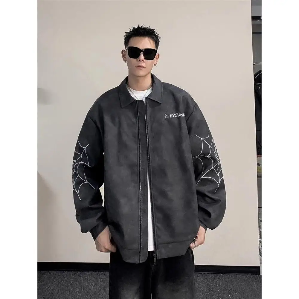 Spider Web Embroidery Leather Jacket Men's Trendy Vibe High-End Feeling Cool American High Street Flip Collar Motorcycle Jacket