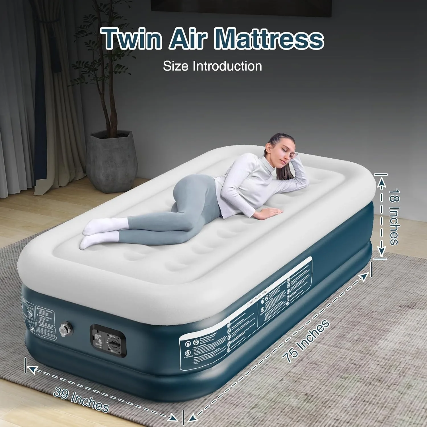 Twin Air Mattress Built in Pump 18 Inches High 1-3 Minutes Fast Self Inflating Air Mattress 1 Button Start Inflate/Deflate