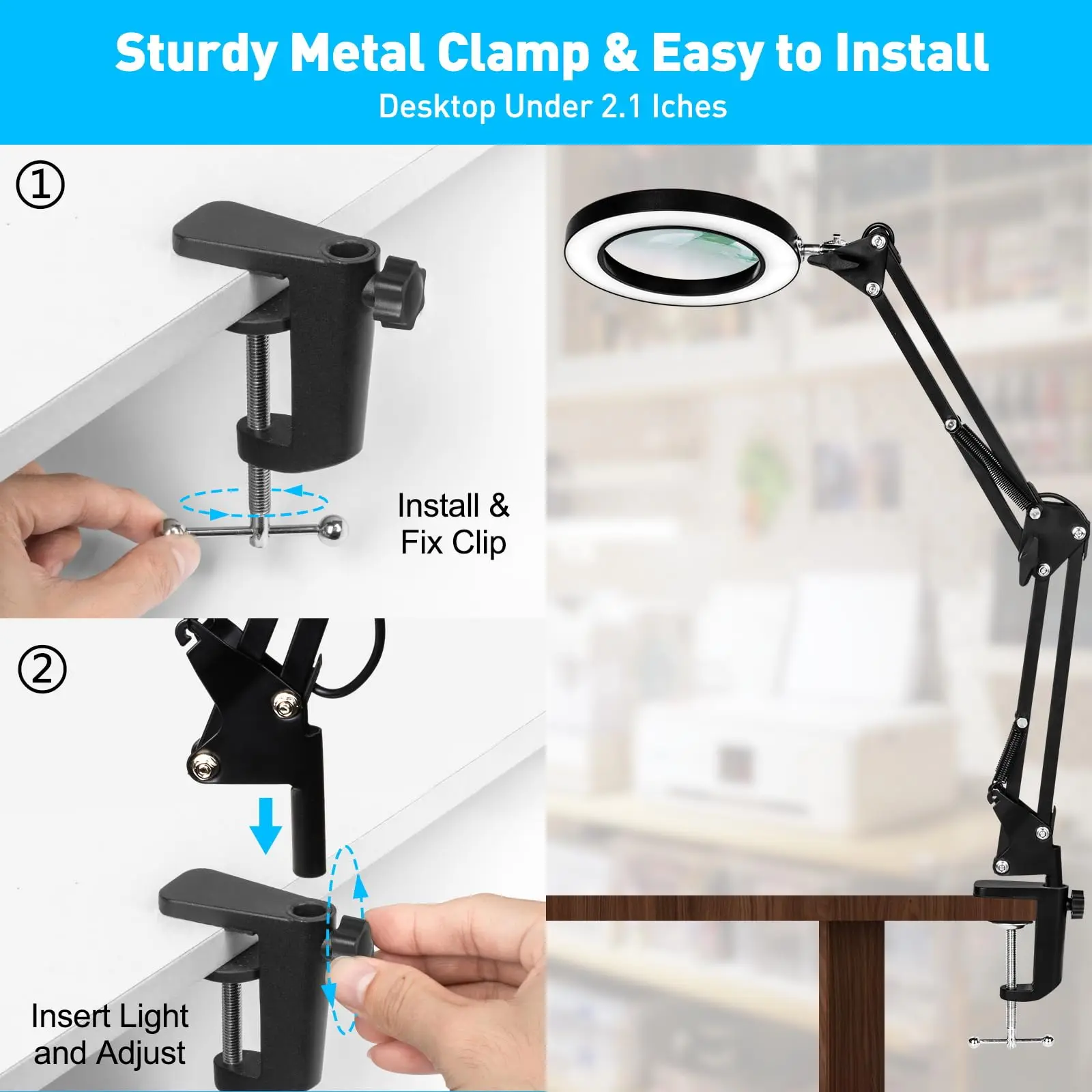 Lupa iluminada 8X, lámpara LED de lupa USB de 3 colores con abrazadera, lámpara de mesa de lectura para reparación artesanal, herramienta de trabajo de cierre
