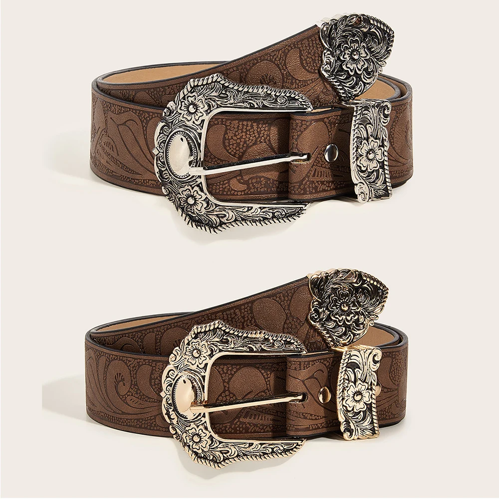 Large Buckle Waistband PU Leather Vintage Belt Female Cowgirl Waist Belt With Metal Caved Buckle Designer Belts For Women Jeans