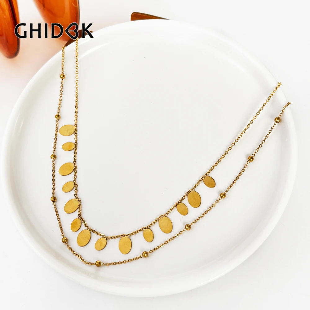 GHIDBK 316L Stainless Steel Gold Pvd Plated Bead Chain Oval Coin 2 Layered Choker Necklace for Women Minimalist Jewelry Gifts