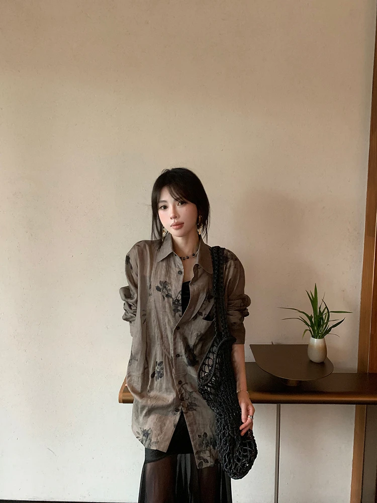 

Vintage Feel Cotton Linen irt Luxury Cooln Women's Summer Top Loose Fit Printed Long Sve Zipper Closure Color