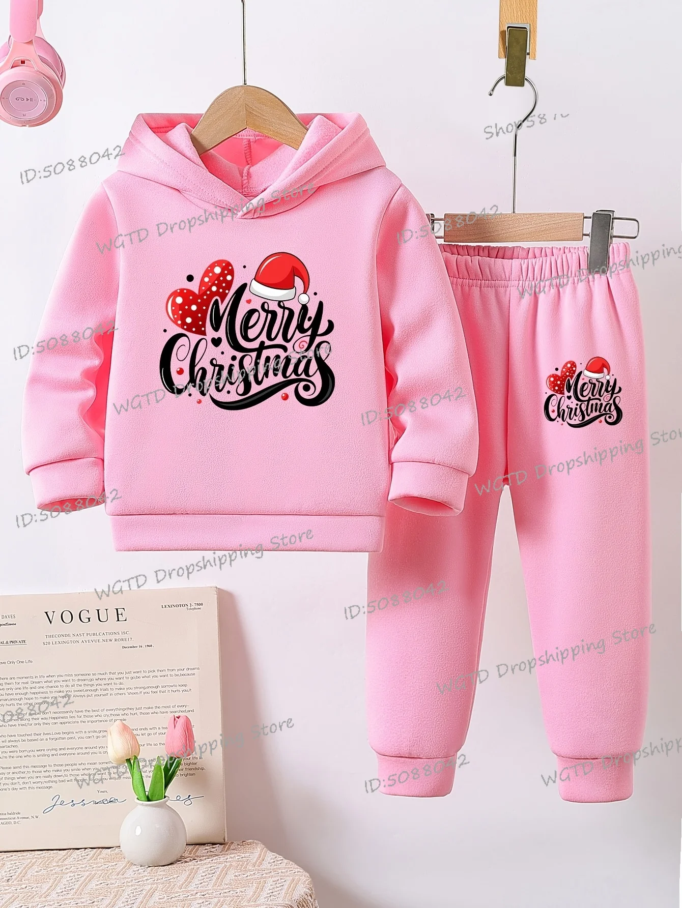 

Autumn Winter 2Pc Suit With Hoodies Pant Christmas Cartoon Santa Hat Letter Print, Festive Casual Fashion Boys Girls Sportswear