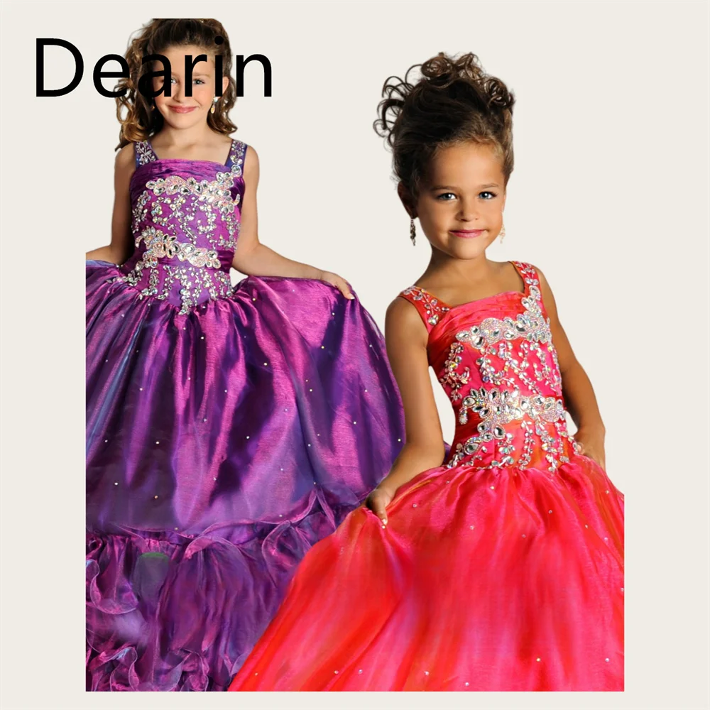 Customized Dearin Shoulder Girdle Ball Gown Floor Length Skirts Sequin Tulle Flower Girl Dresses