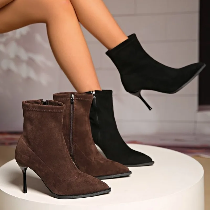 

Pointed Toe Women's High Heel Ankle Boots Fashion Elegant Dancing Party Shoes Autumn Winter Women's Stretch Slim Short Booties