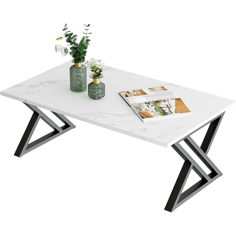 

Coffee Table White Living Room Center Table, Simple Modern Faux Marble Rectangular Tea Table with Sturdy Black Metal Frame