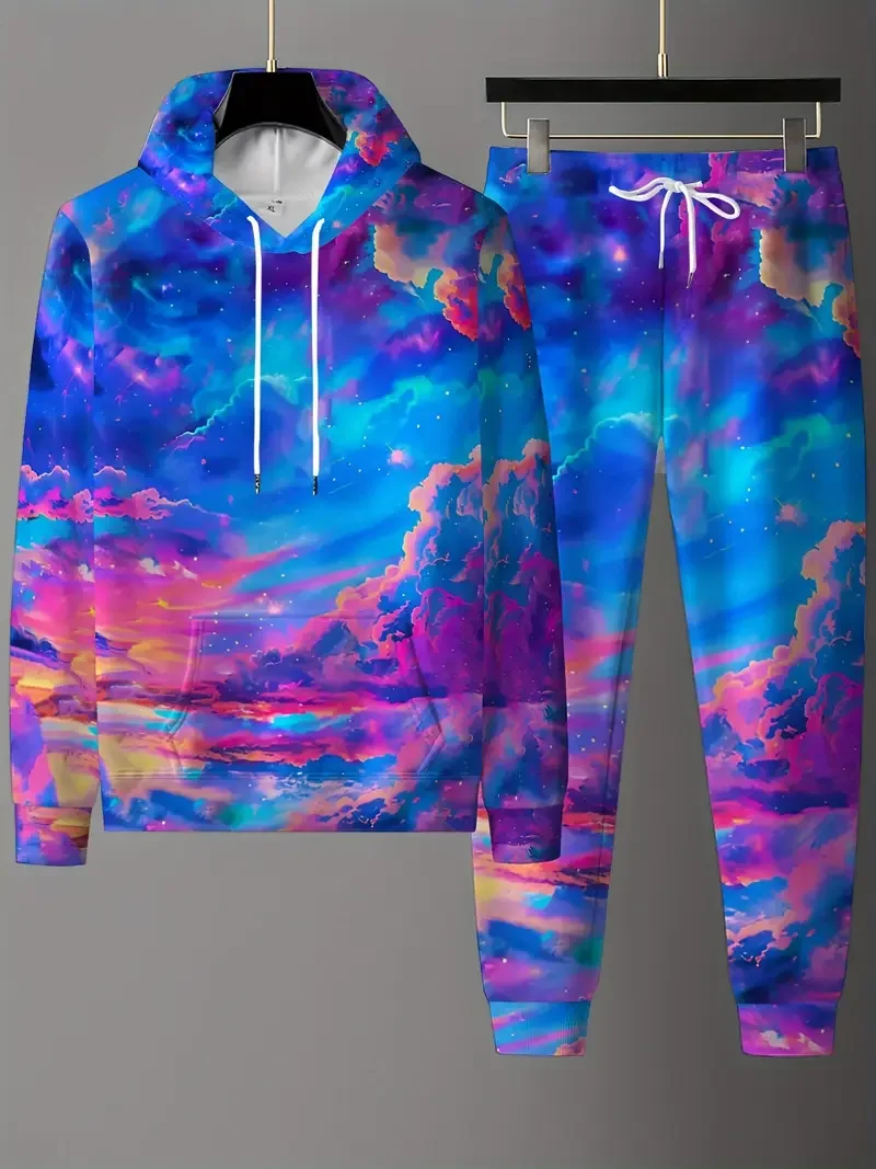 

Креативный мужской спортивный костюм с 3D красочным принтом радужного неба, толстовка большого размера, комплект из 2 предметов, осенне-зимний свитшот унисекс, комплект брюк