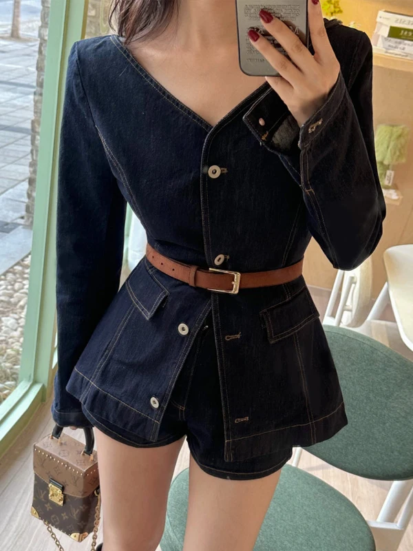 Faionable Retro Button-Up Slim Fit Denim Top And High Waist orts Women's Two-Piece Set Korean Sle Autumn Wear