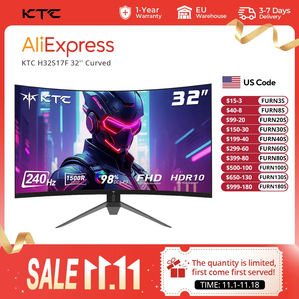 KTC H32S17F 32'' Curved Gaming Monitor, 1920*1080 HVA Panel, 240Hz Refresh Rate, 125% SRGB, 3500:1 Contrast Ratio, Adaptive Sync, HDR10, 3ms Response Time, 2*HDMI2.0 1*DP1.4 1*USB2.0 1*Audio, VESA Mount, Adjustable Tilt, Low Blue Light