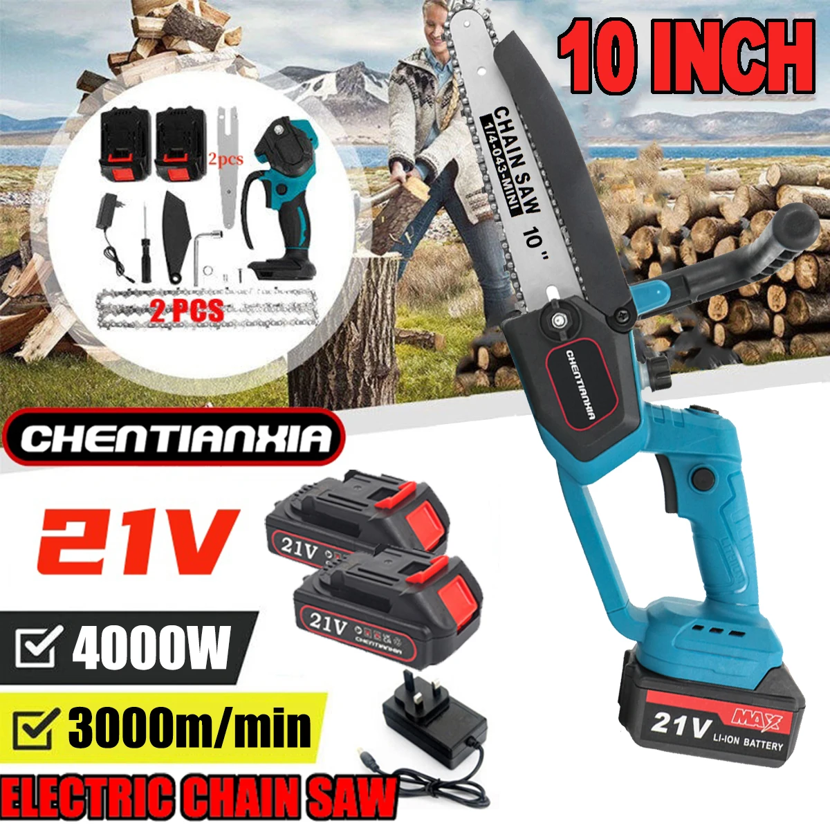 10 Inch Mini Cordless Chainsaw Handheld Electric Chainsaw Wood Cutter 2 Battery