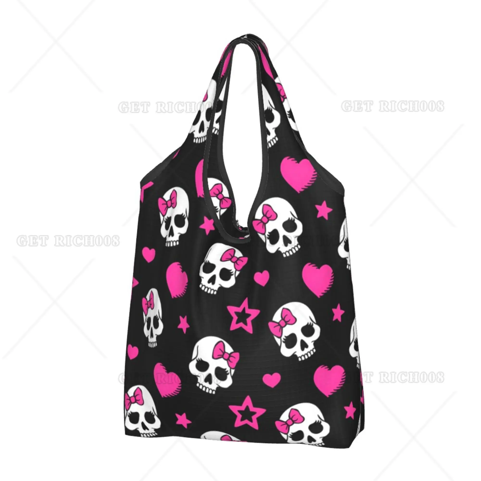 

Sugar Vampire Skull Sweet Folding Tote Bag Shopper Bag Portable Eco Grocery Bags No Zipper Bag for Shopping Work Picnic Bag