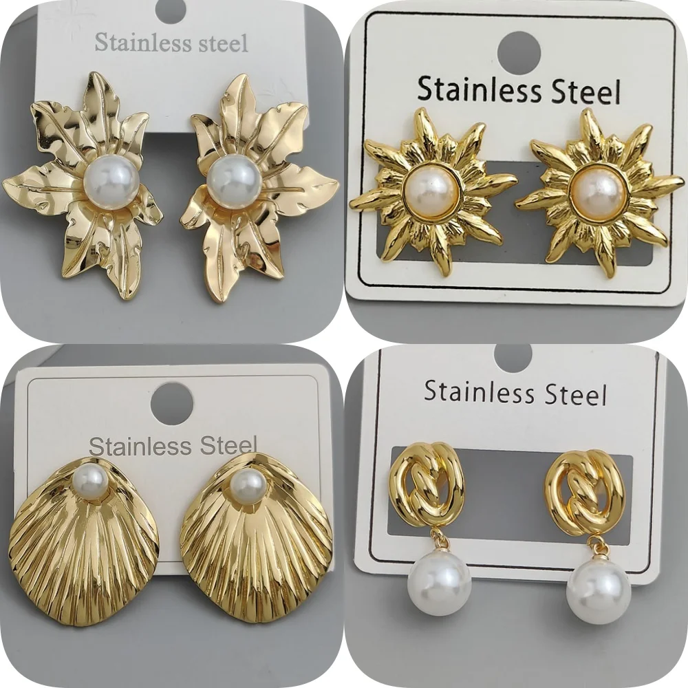 Creative heavy metal pearl shell stainless steel earrings, waterproof and rusty-free women's earrings, party jewelry