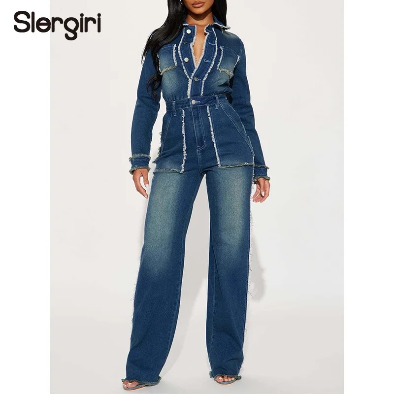 

Slergiri Streetwear Half Button Raw Trim Washed Denim Jumpsuit Women Fashion New 2026 Spring Vintage Long Sleeve Jeans Overalls