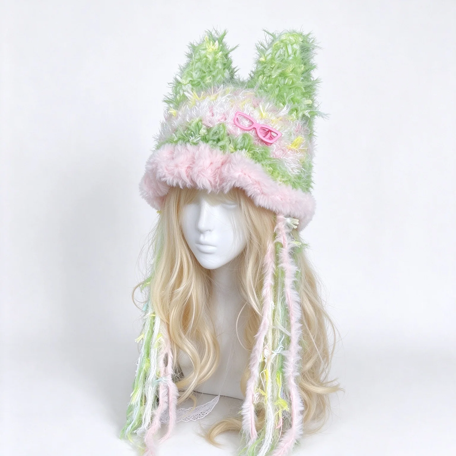 Handmade Pastel Green Cat Ear Hat Women Winter Warm Custom Crochet Floral Knitted Beanie Girls Kawaii Lolita Sweet Skullies Cap