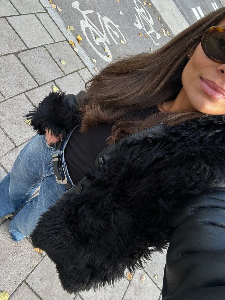 

Patchwork Fur Jacket Woman Stand Collar Single Breasted Solid Color Long Sleeves Warm Coats Casual Chic Women's Streetwear