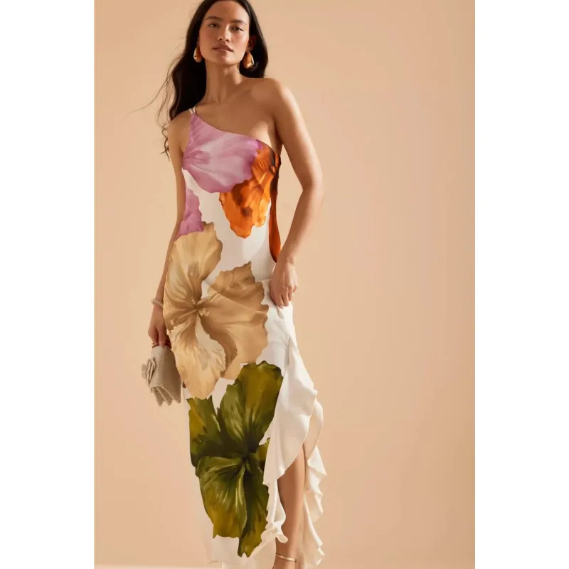 

Fashion Print Ruffle Ladies Dress Sexy Slant Neck Open Back Sleeveless Tight Maxi Skirt Summer Beach Robe 2025 New Party Dress