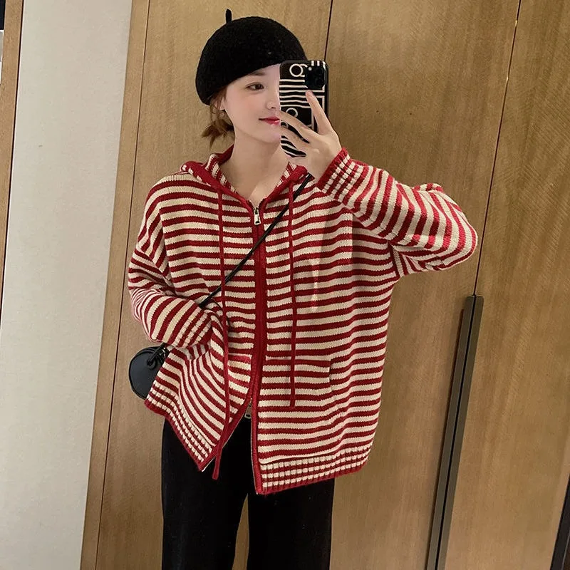 2023 Spring Autumn Striped Zipper Sweater Cardigan Women Loose Outwear Casual Latest Knitted Top Coat