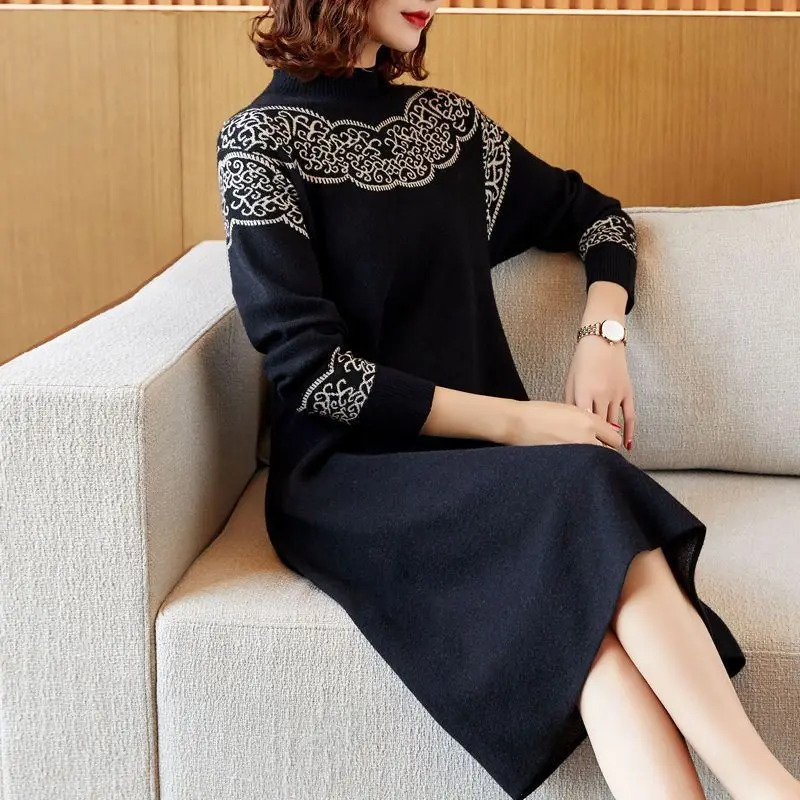 Pendolare abito longuette lavorato a maglia stampato Vintage abbigliamento femminile mezzo collo alto autunno inverno abiti Casual eleganti con