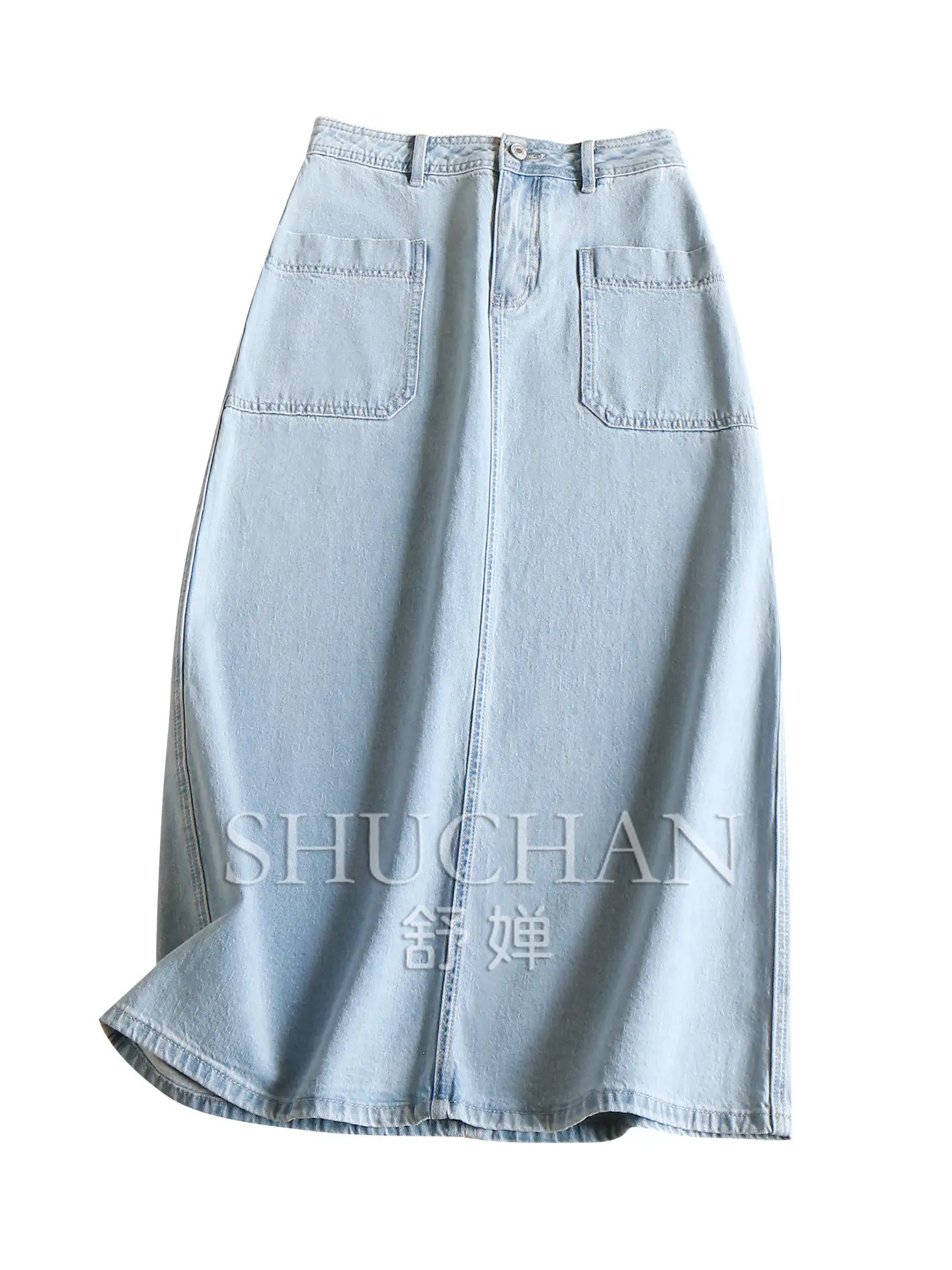 Fresh and Casual Skirt French  Simple and White with Lyocell High Waist Split Denim Skirt Women's 50W5