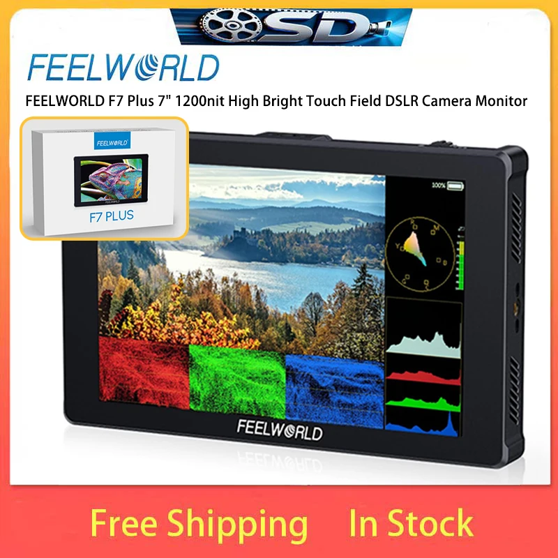 7-дюймовый сенсорный монитор FEELWORLD F7 Plus с яркостью 1200 нит, 4K HDMI вход/выход, 3D LUT, гистограмма для профессиональной съемки DSLR-камерами