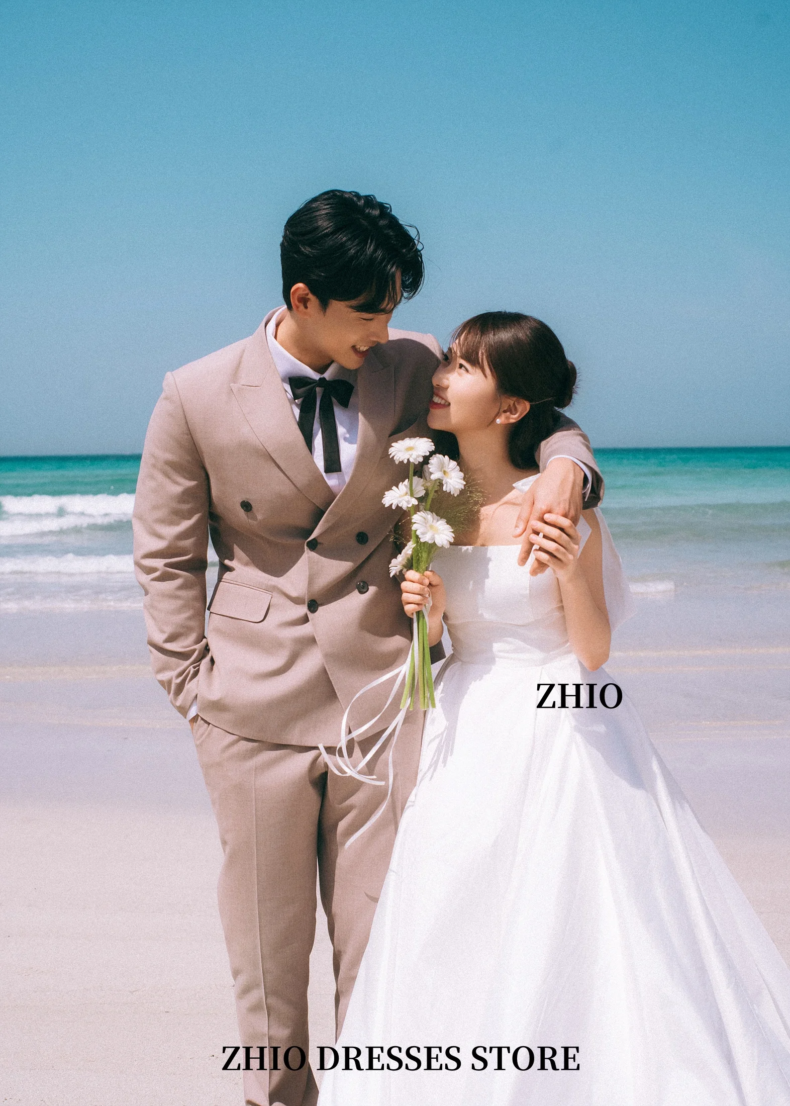 ZHIO Beach Spaghetti Korean Wedding Outdoor Wedding Dress Sleeveless Backless Satin Floor Wedding Photo Shoot Customized 제주 섬