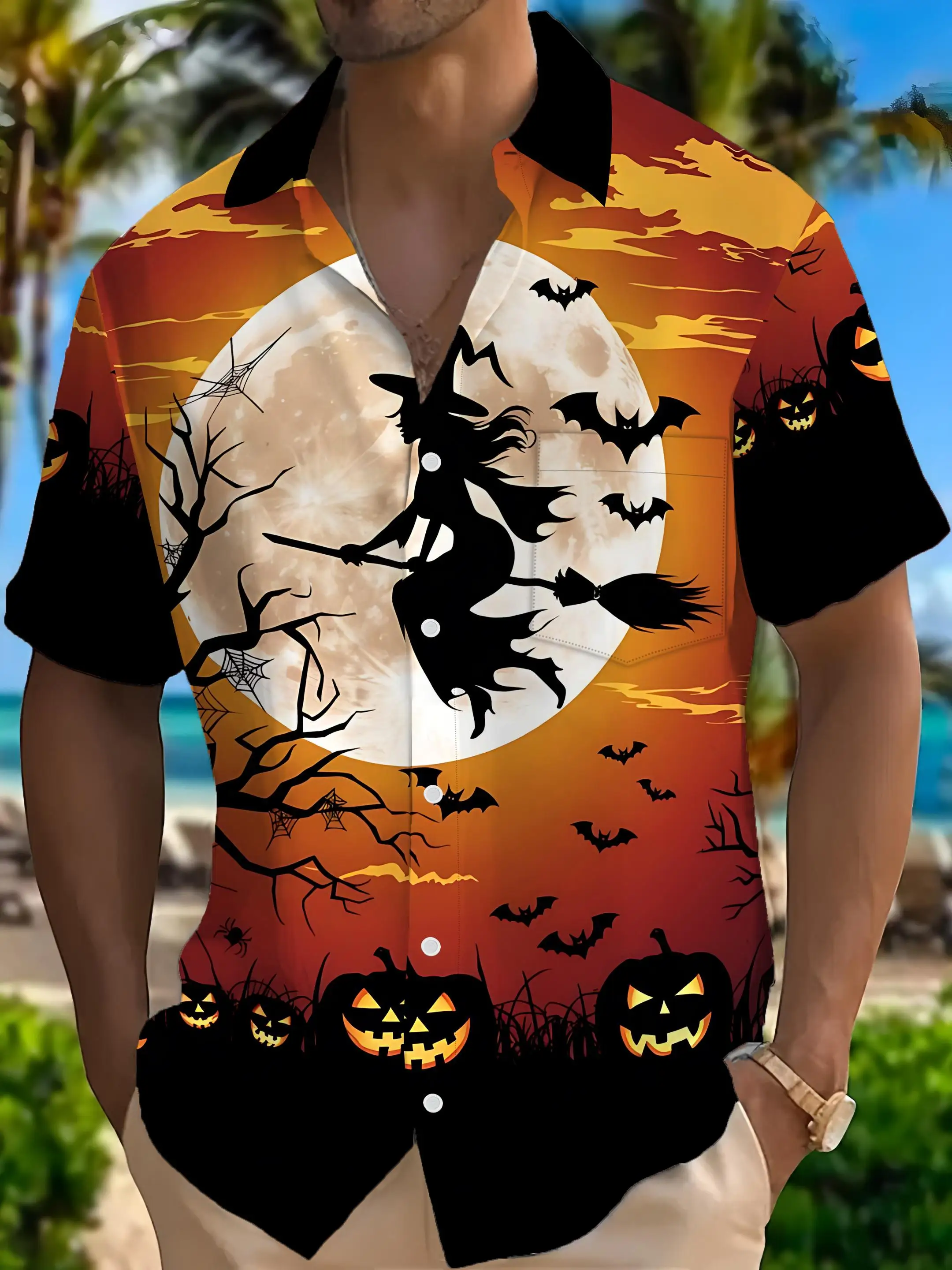 Men's Shirt Halloween Witch Moon Pumpkin Bat Scenery Print Gradient Tone Short Sleeve Holiday Party Themed Casual Mens Clothing
