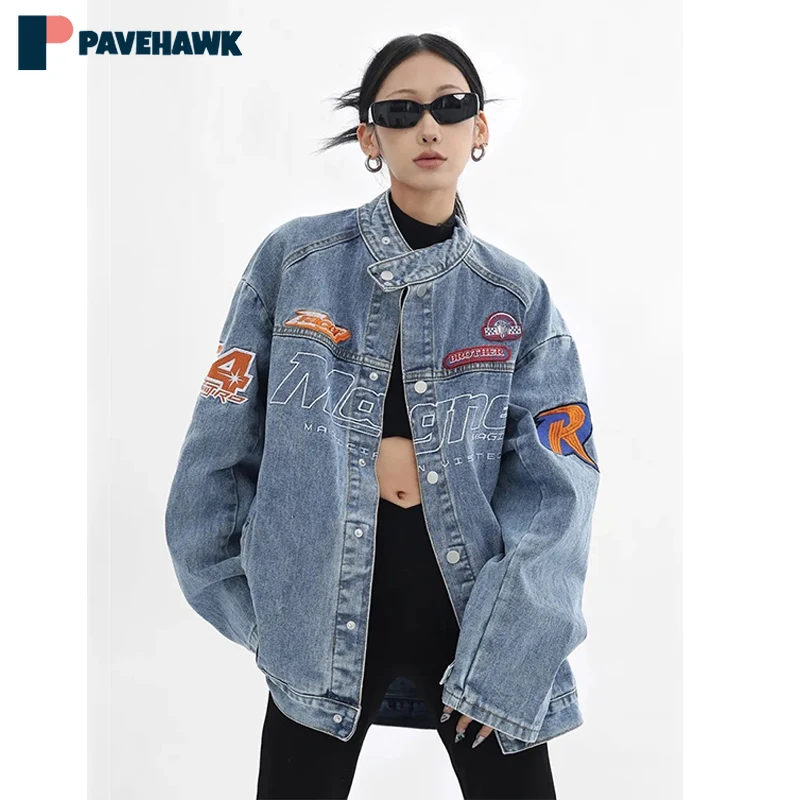 

Letter Embroidery Denim Jacket Man Woman Hip Hop Washed Retro Cowboy Coats Spring Autumn Stand Collar Casual Varsity Jackets New