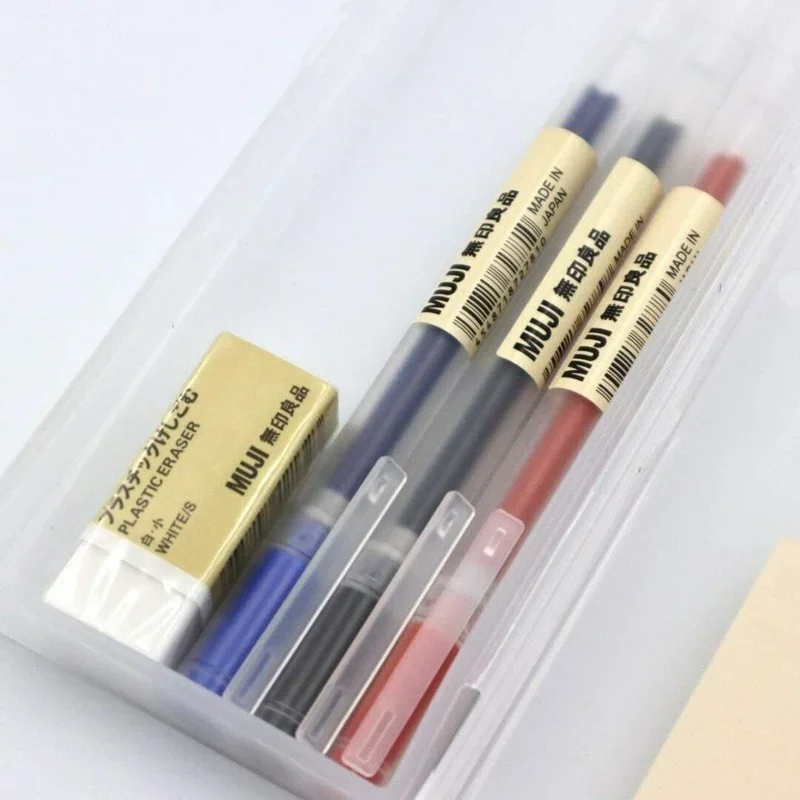 Stationery Set MUJIs 0.5mm Gel Pen Transparent Pencil Box Eraser Moma Gel Ink Pen Japanese Gel pen Office Pen Box Rubber Set